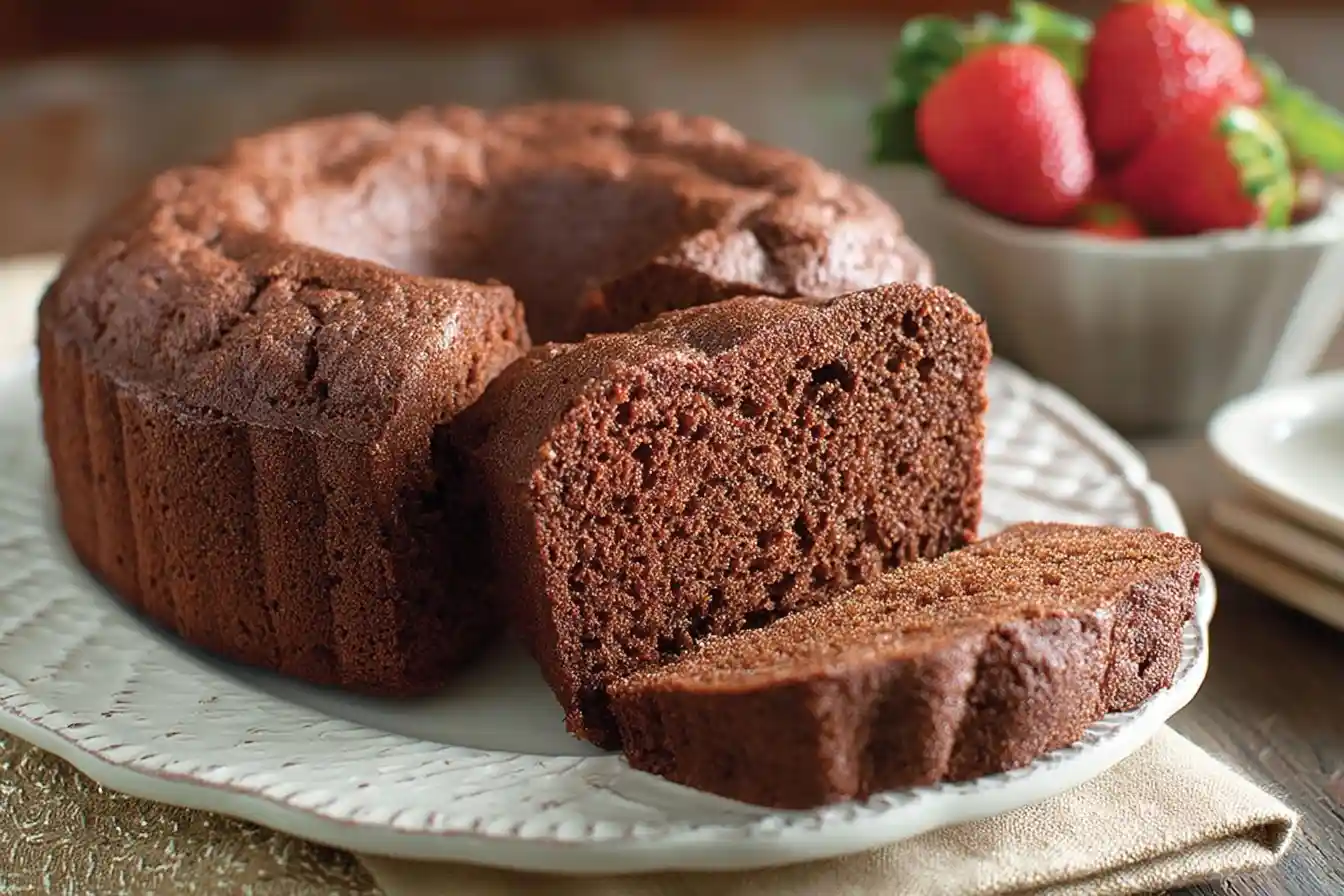A rich chocolate bundt cake sitting on a decorative white plate, with one slice cut out to show its moist and airy texture.