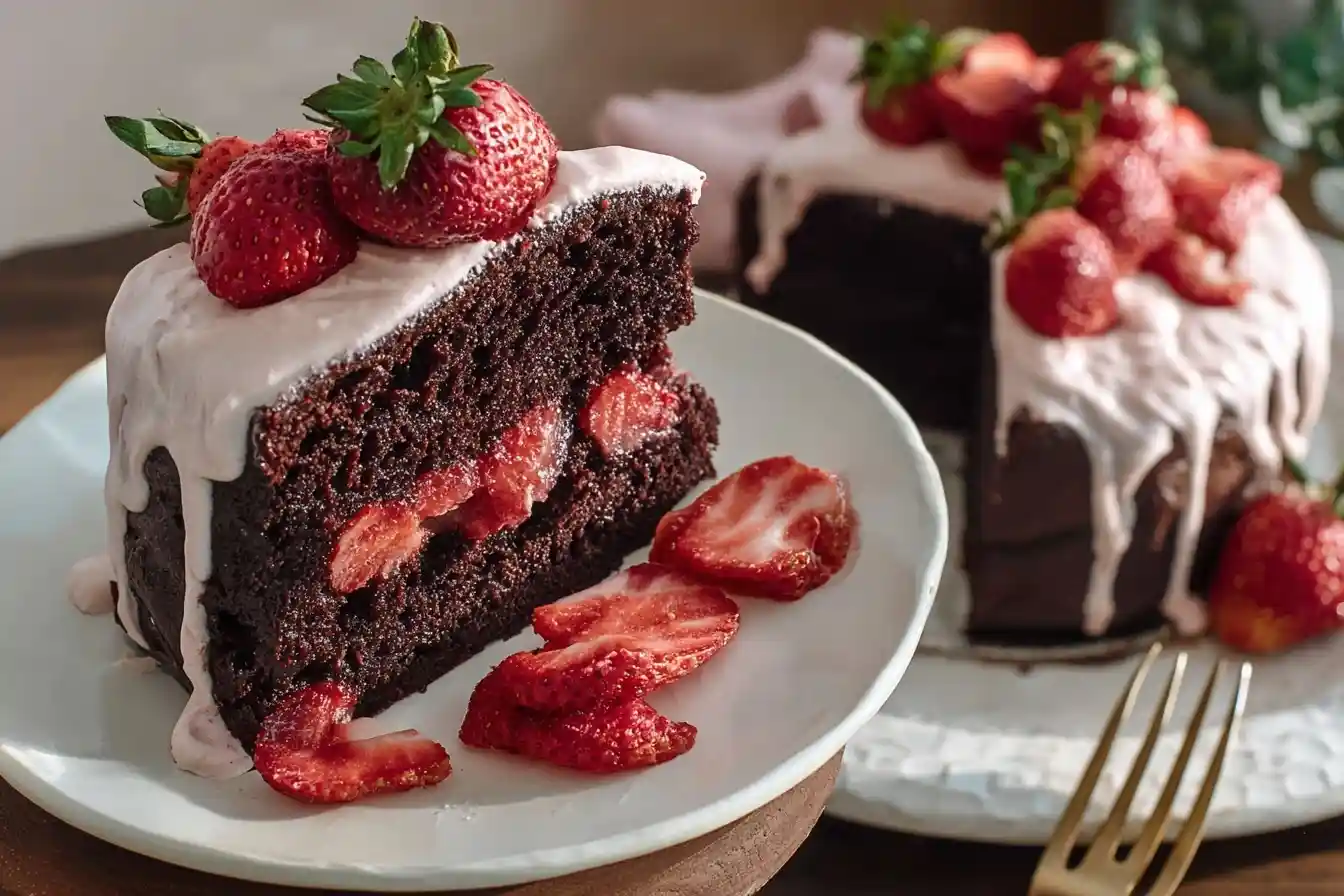 Slice of moist chocolate strawberry cake with fresh strawberry filling and pink glaze on a white plate
