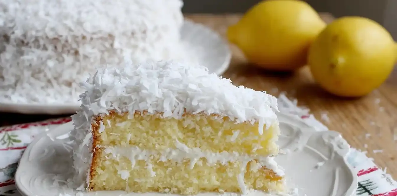 A slice of a layered Coconut Lemon Cake covered in shredded coconut, served on a white plate with two whole lemons in the background.
