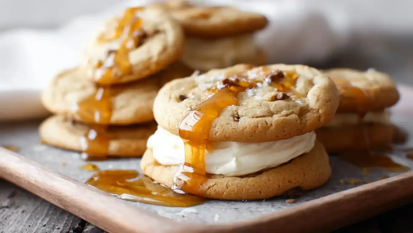 A close-up of delicious homemade cookie sandwiches with a creamy filling, drizzled with golden caramel sauce on a serving tray.
