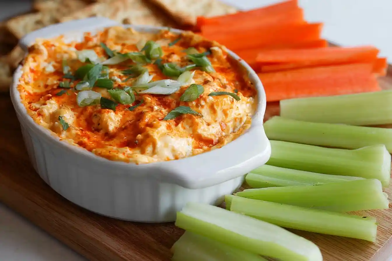 Creamy Buffalo Chicken Dip in a white dish garnished with green onions, surrounded by celery, carrots, and crackers.