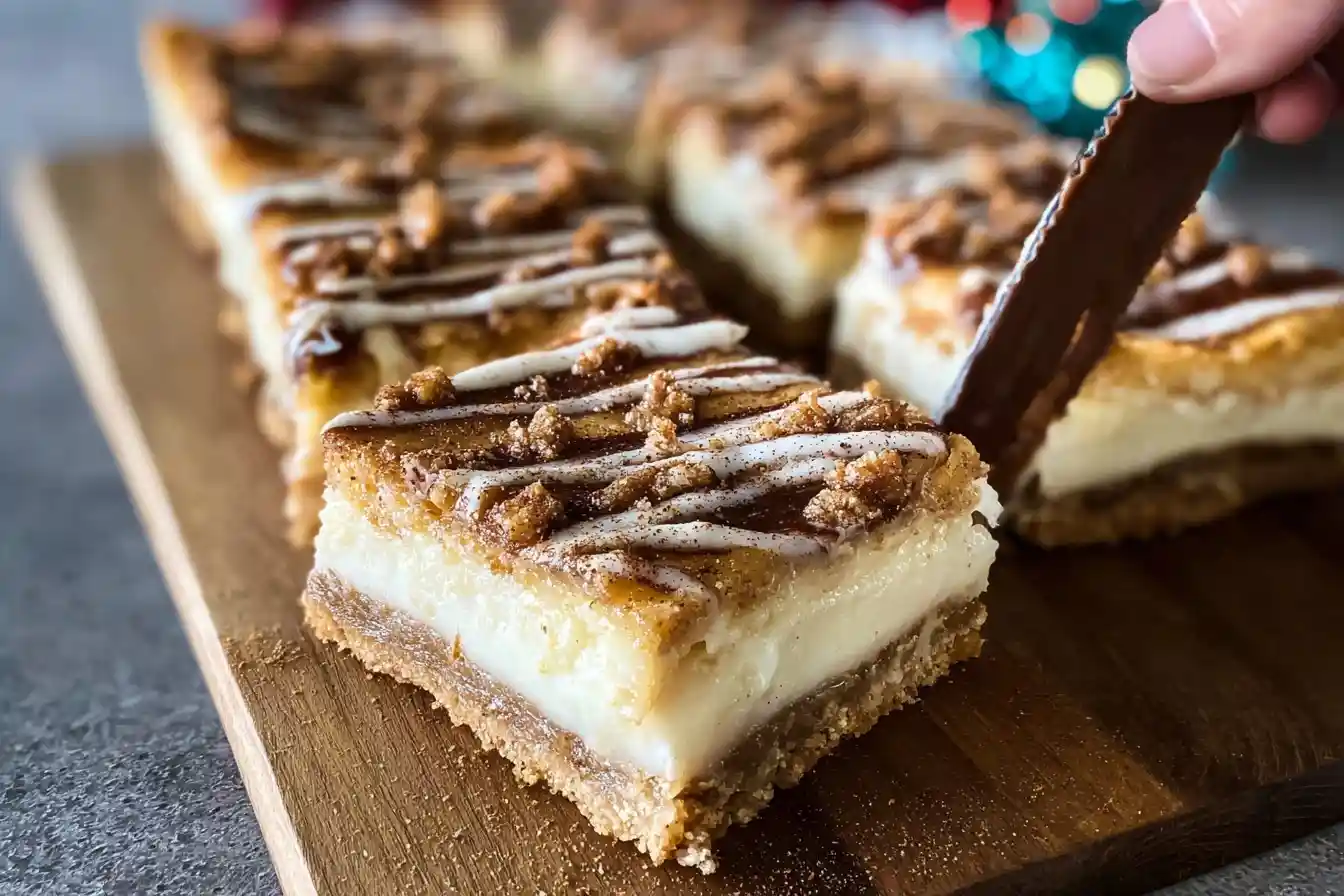 Close-up of a Sopapilla Cheesecake Bar with creamy filling, cinnamon sugar, and glaze on a wood board.