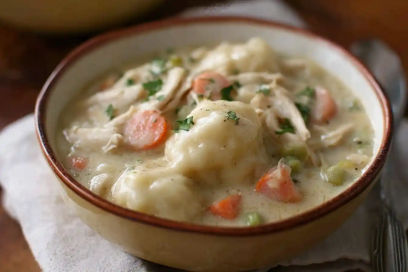 Close-up of a bowl filled with creamy Chicken and Dumplings, shredded chicken, carrots, and peas.