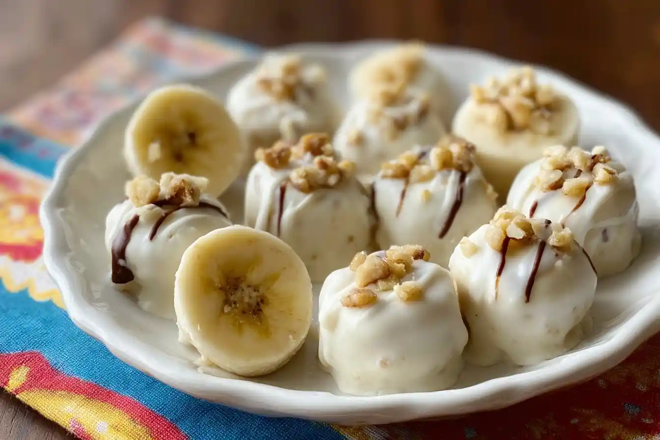 Frozen banana bites dipped in white chocolate and topped with chopped nuts on a white plate.