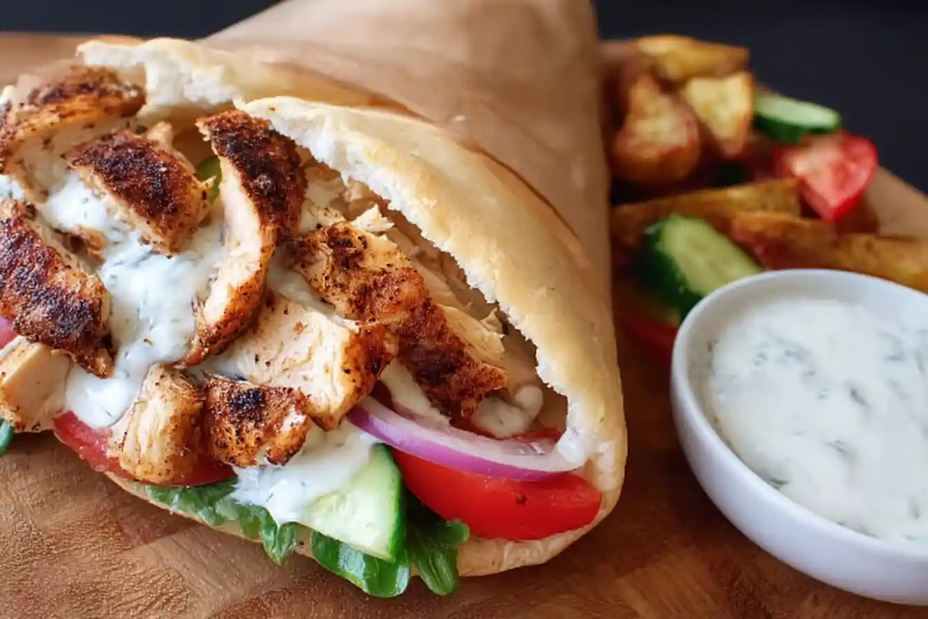 Close-up of a delicious Chicken Gyro in pita bread filled with grilled chicken, tzatziki sauce, and fresh vegetables.