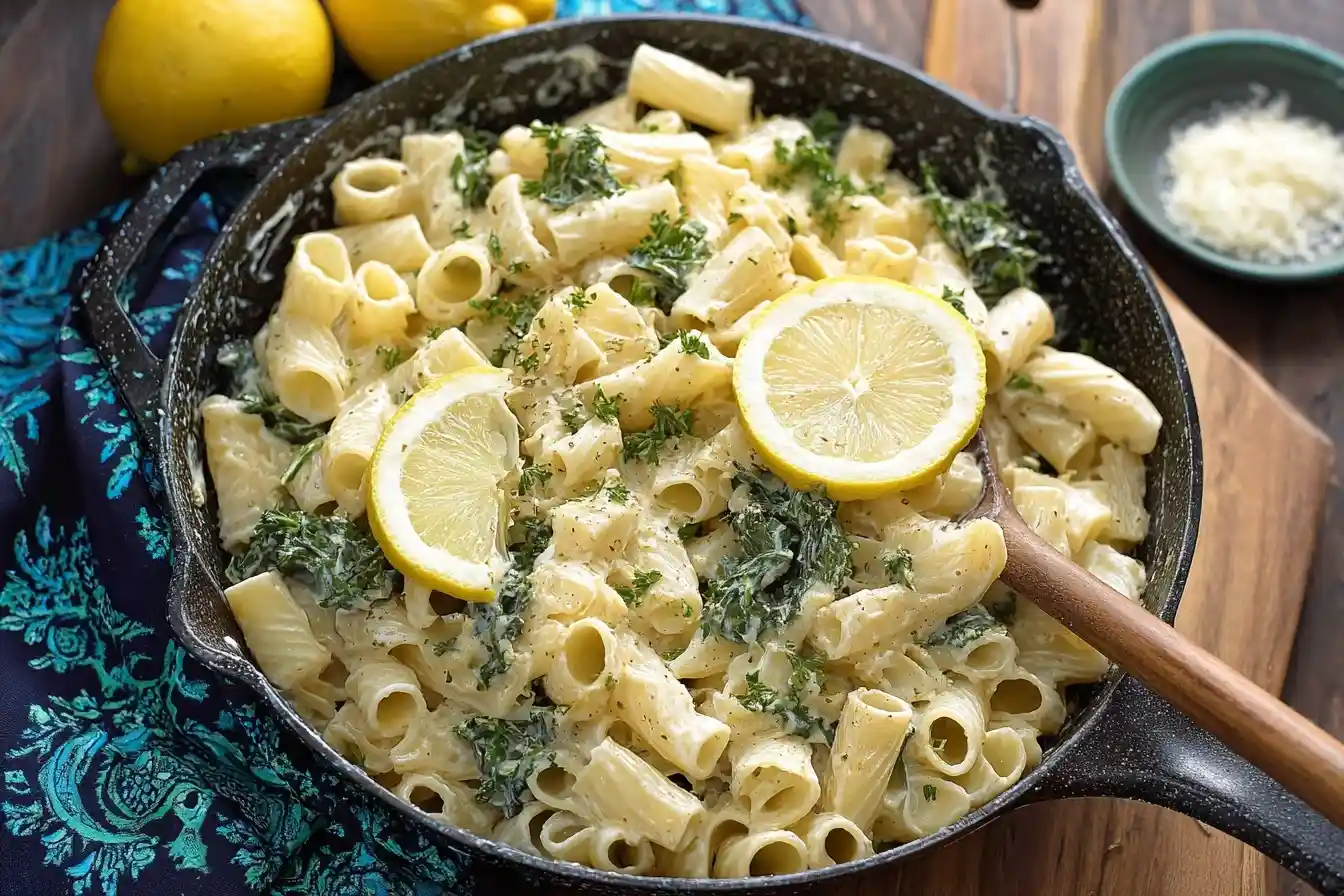 Cast iron skillet filled with Creamy Lemon Pasta, spinach, and garnished with fresh lemon slices.