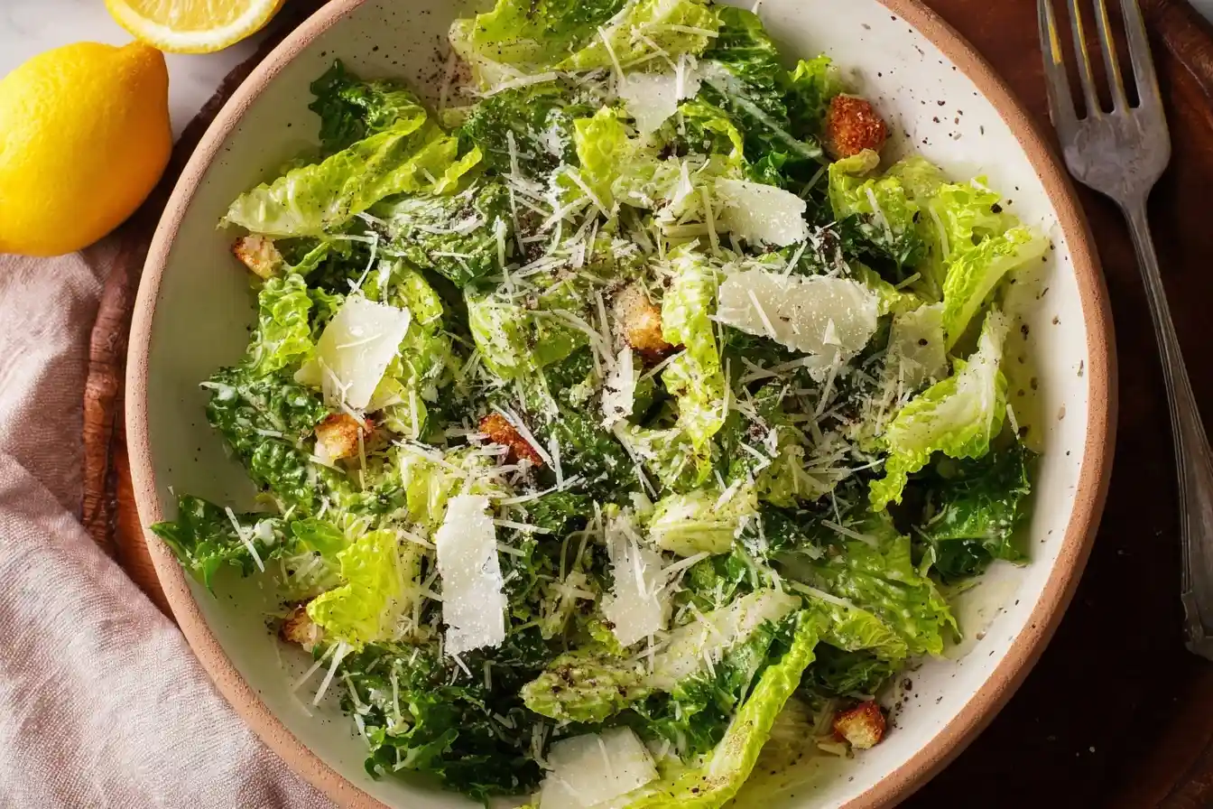Top-down view of a fresh Caesar salad with romaine, shaved parmesan, and croutons in a speckled bowl.