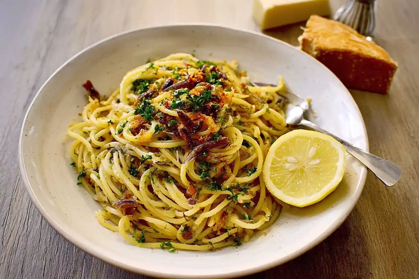 A bowl of Spaghetti with Anchovies topped with toasted breadcrumbs, fresh parsley, and a lemon half.