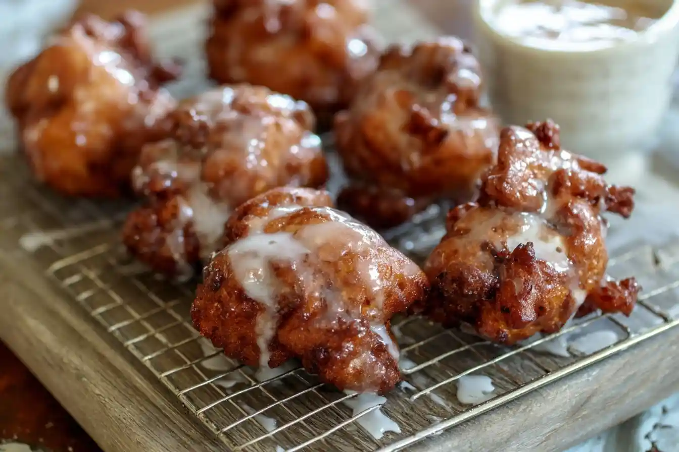 Golden brown apple fritters covered in sweet glaze cooling on a wire rack