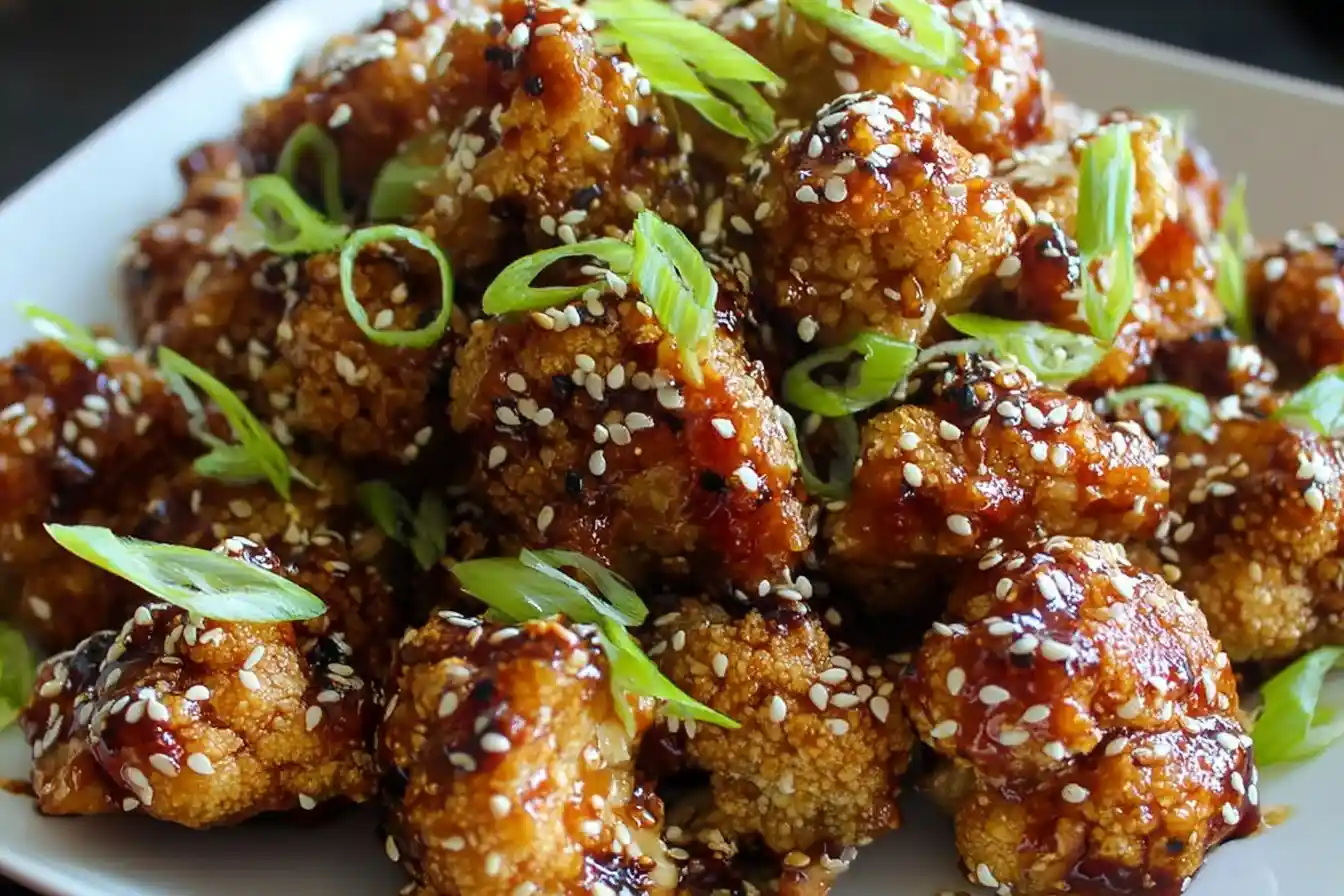 Close-up of crispy Sticky Sesame Cauliflower bites glazed in sauce and garnished with scallions and sesame seeds.