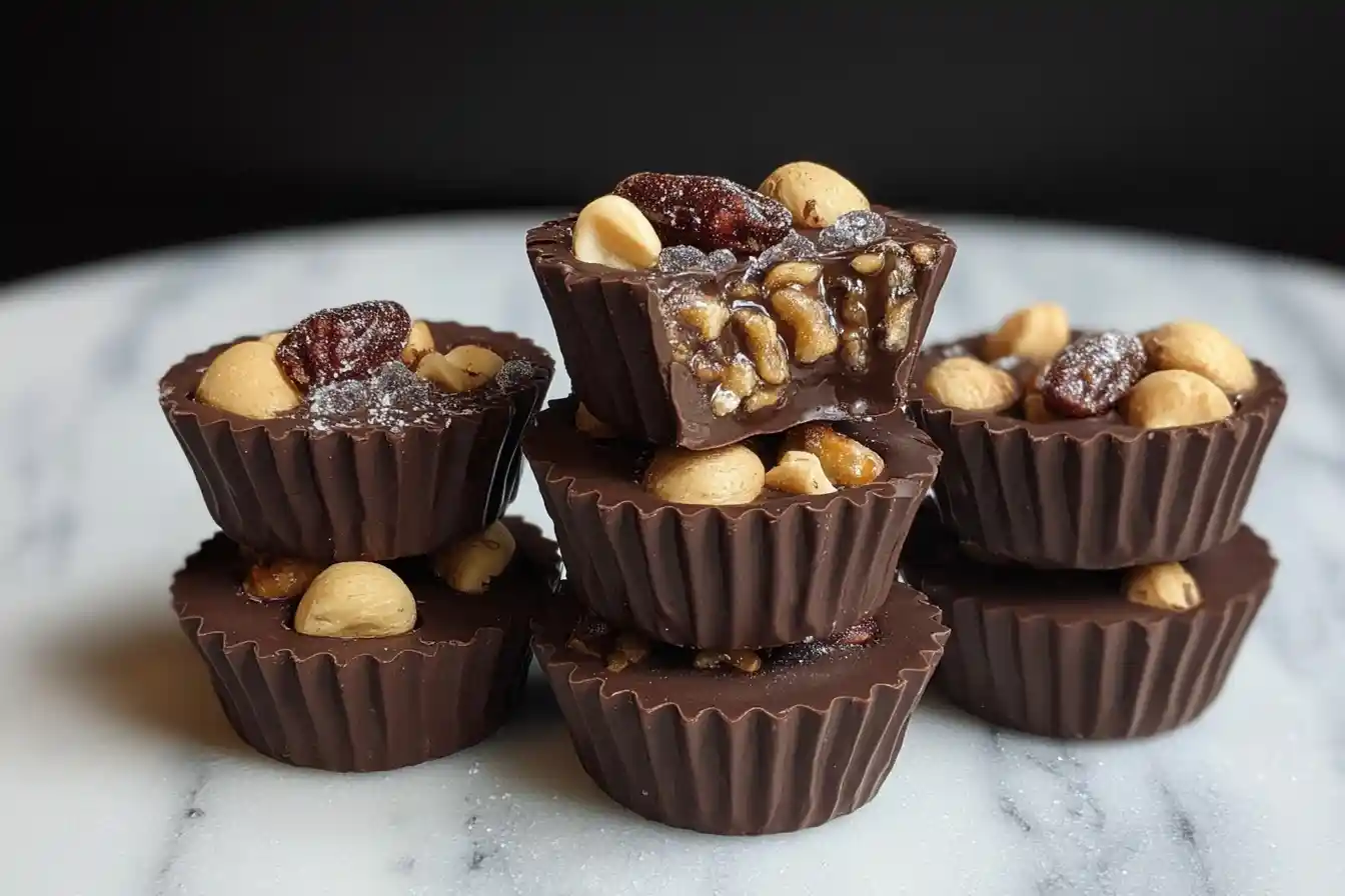 Stack of fruit and nut chocolate cups on a marble surface, filled with crunchy hazelnuts and dried fruit.