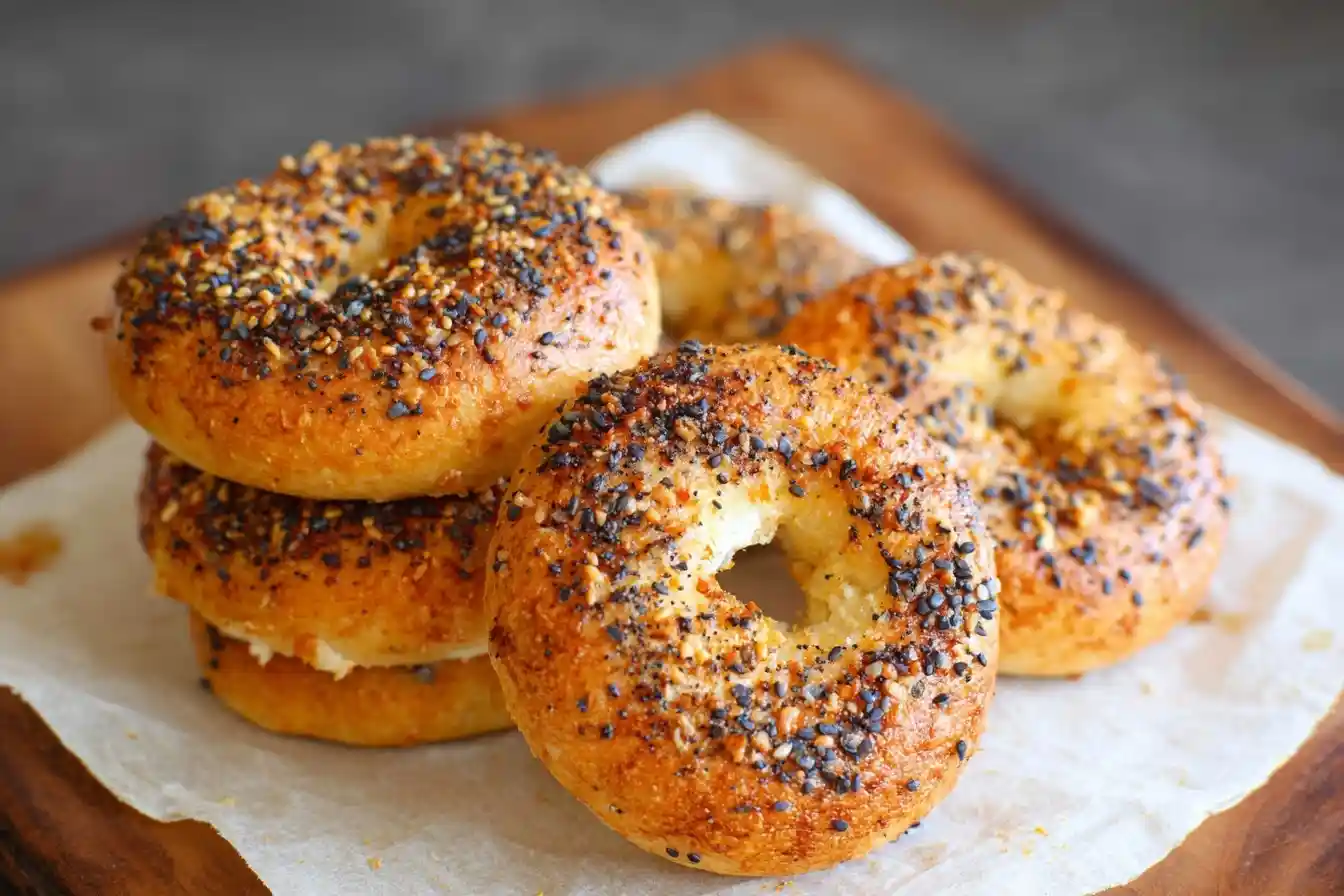 Stack of golden brown keto bagels topped with everything seasoning on a wooden board ready for breakfast.