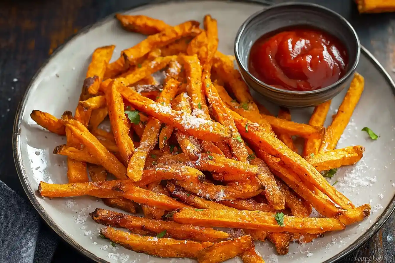 Close-up of crispy sweet potato fries garnished with parmesan and herbs on a plate with a side of ketchup.