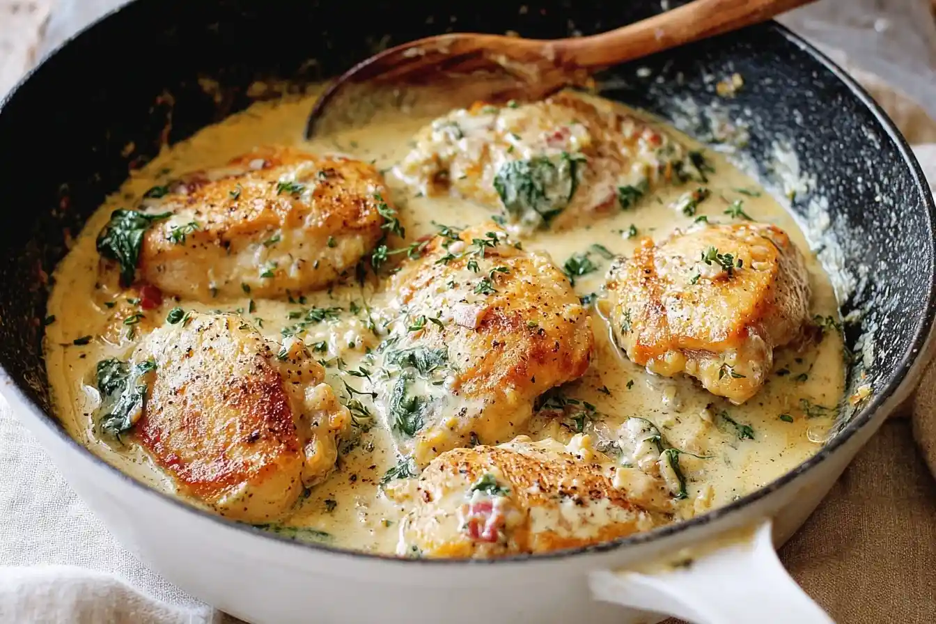 Skillet containing golden-brown creamy garlic chicken thighs simmering in a rich sauce with spinach and fresh thyme.