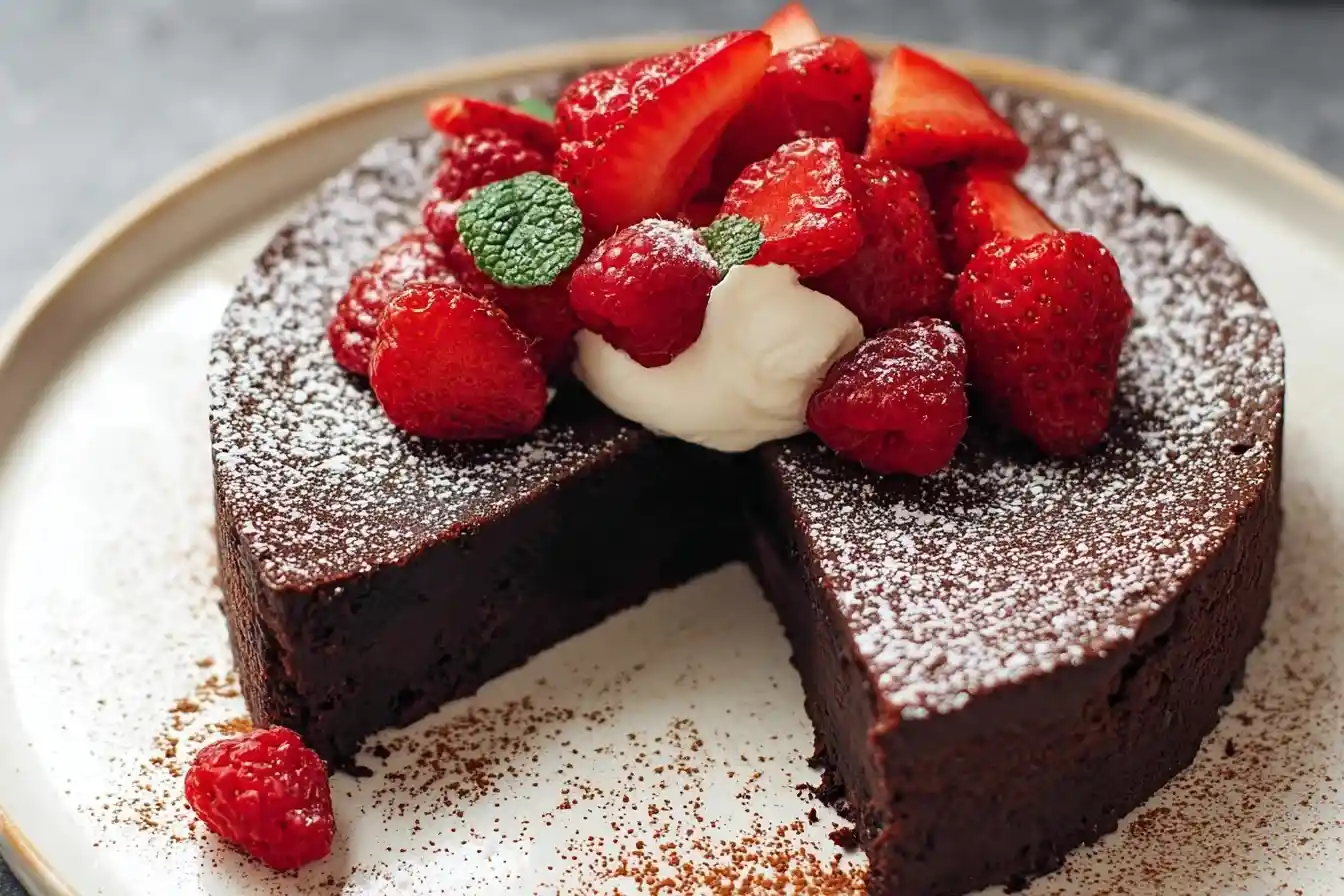 A rich flourless chocolate cake with a slice removed, topped with powdered sugar, fresh berries, and whipped cream on a plate.