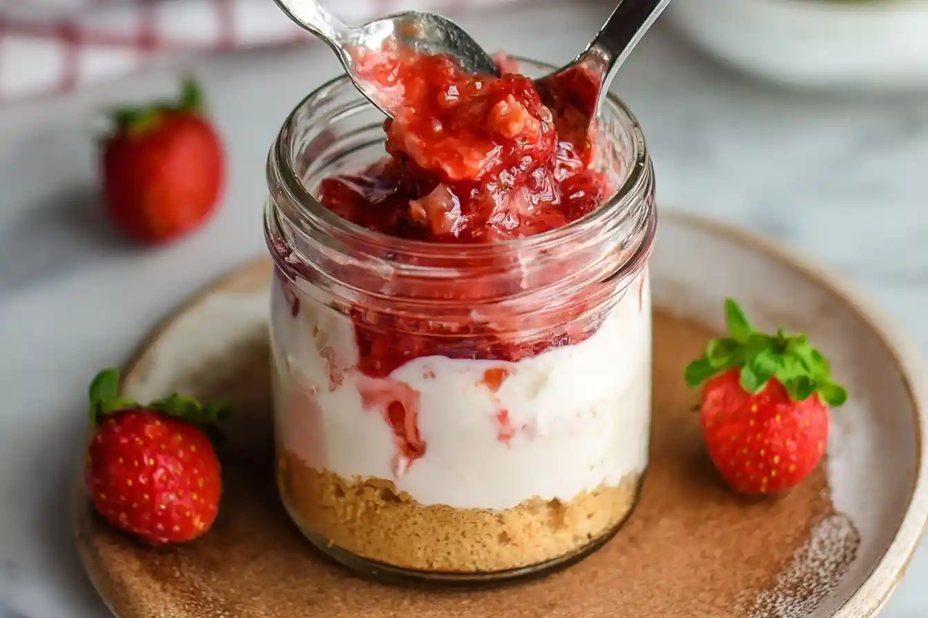 A spoon lifting sweet fruit topping from a creamy strawberry cheesecake in a jar.