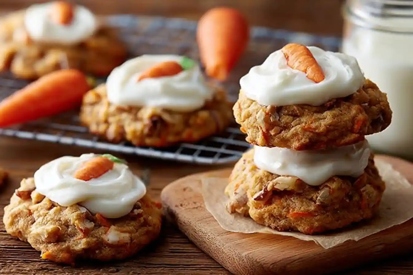 Stack of soft carrot cake cookies topped with cream cheese frosting and a mini carrot on a wooden board.