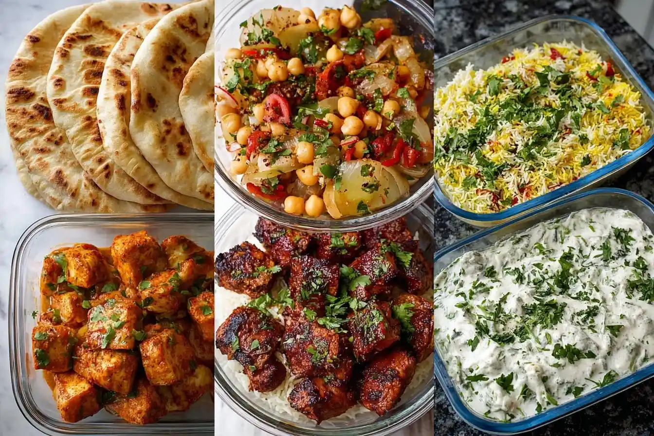 Top-down view of a healthy Indian meal prep spread including naan, chickpea salad, saffron rice, paneer, chicken, and raita.