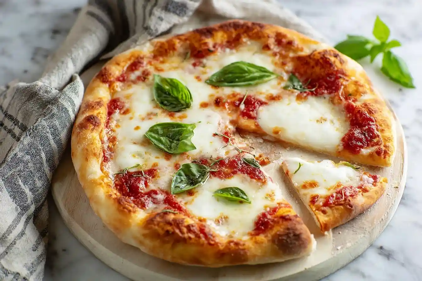 Freshly baked Margherita Pizza on a wooden board topped with melted mozzarella and fresh basil leaves.