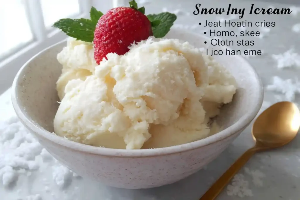 A bowl of homemade snow ice cream garnished with a fresh strawberry and mint leaves, with a golden spoon on the side.