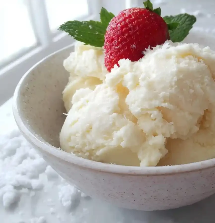 A bowl of homemade snow ice cream garnished with a fresh strawberry and mint leaves, with a golden spoon on the side.