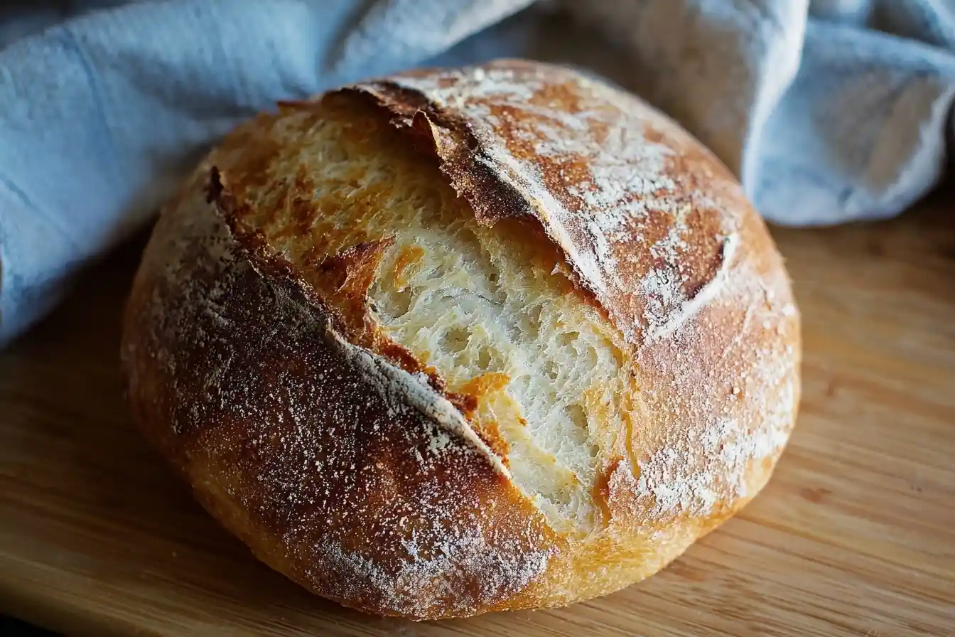 A freshly baked round loaf of crusty artisan bread with a scored top, dusted with flour and resting on a wooden board.