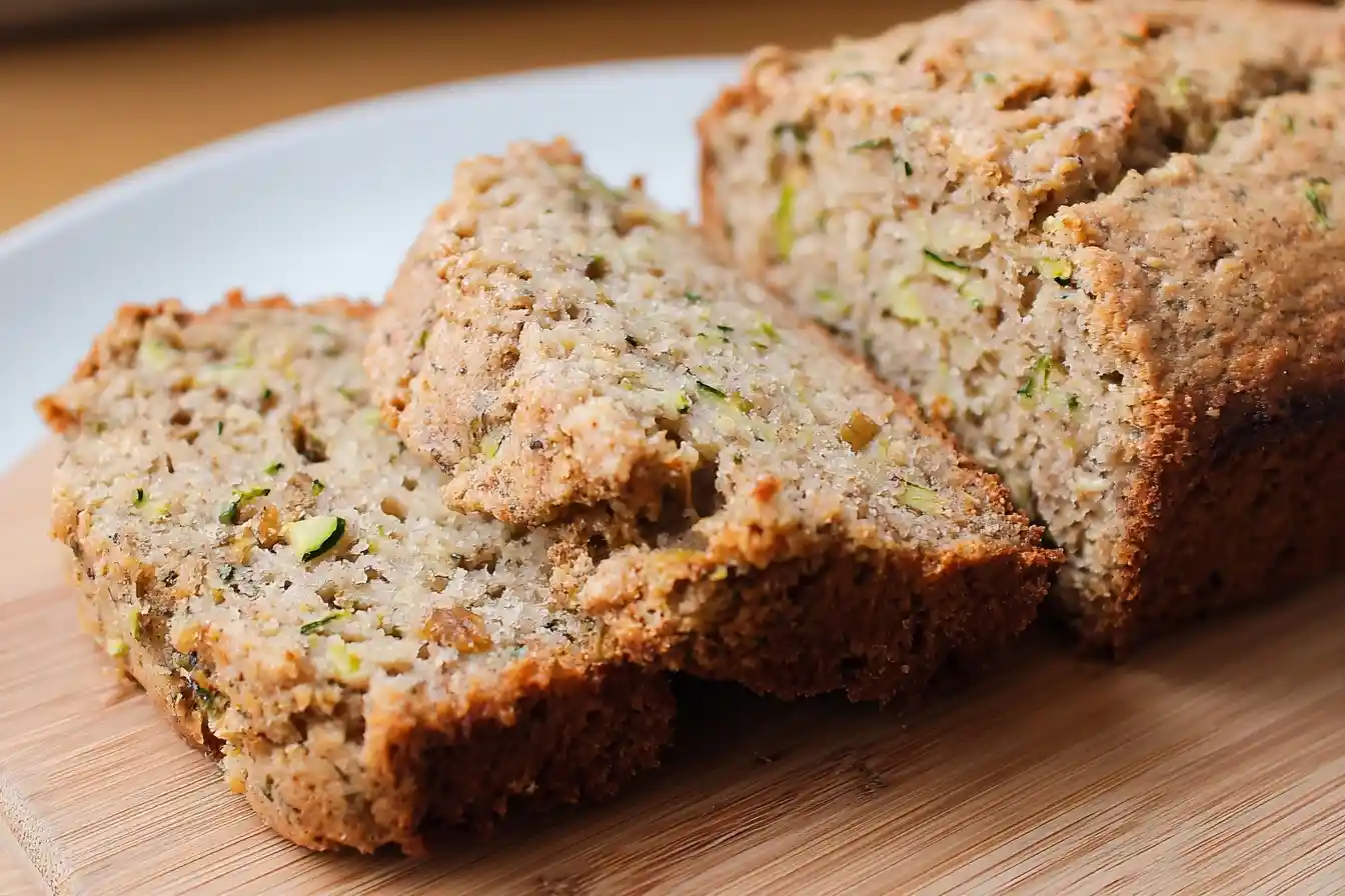 A close-up of a sliced loaf of homemade zucchini bread on a wooden cutting board, showcasing its moist texture and green flecks.