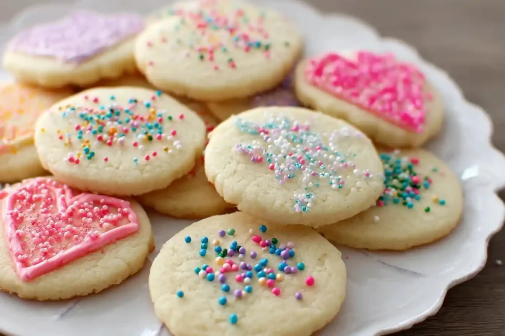 Close-up of homemade soft sugar cookies on a white plate, decorated with colorful sprinkles and pink frosting.