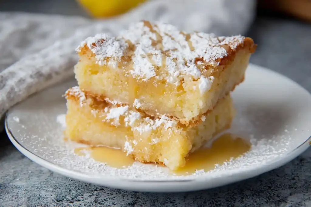 Stack of two moist lemon brownies drizzled with glaze and dusted with powdered sugar on a white plate
