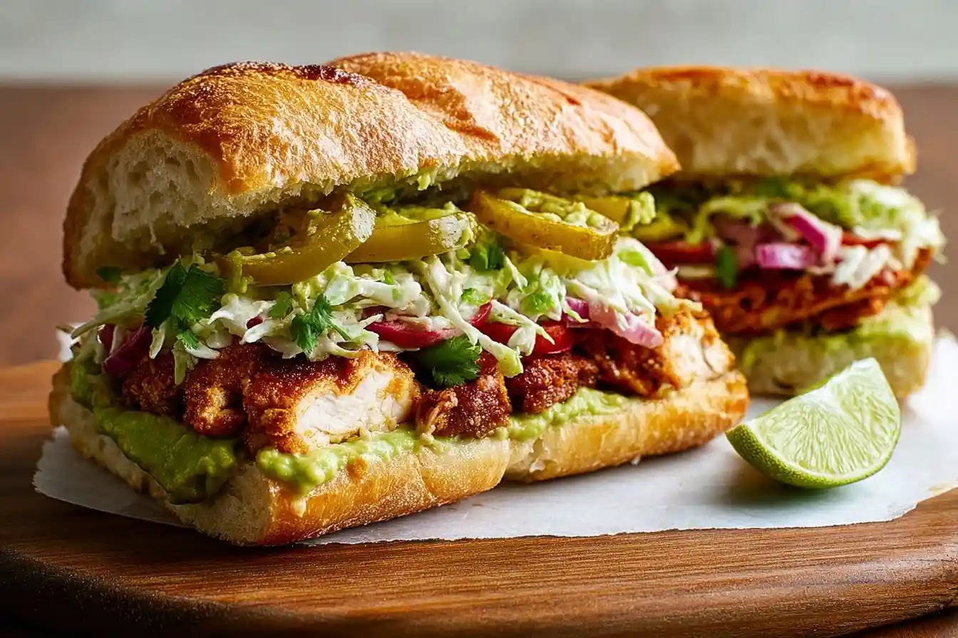 Two crispy Chicken Milanesa Torta sandwiches with avocado, jalapeños, and slaw on a wooden board.