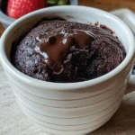 Close-up of a moist chocolate mug cake in a white striped cup topped with melted chocolate glaze.