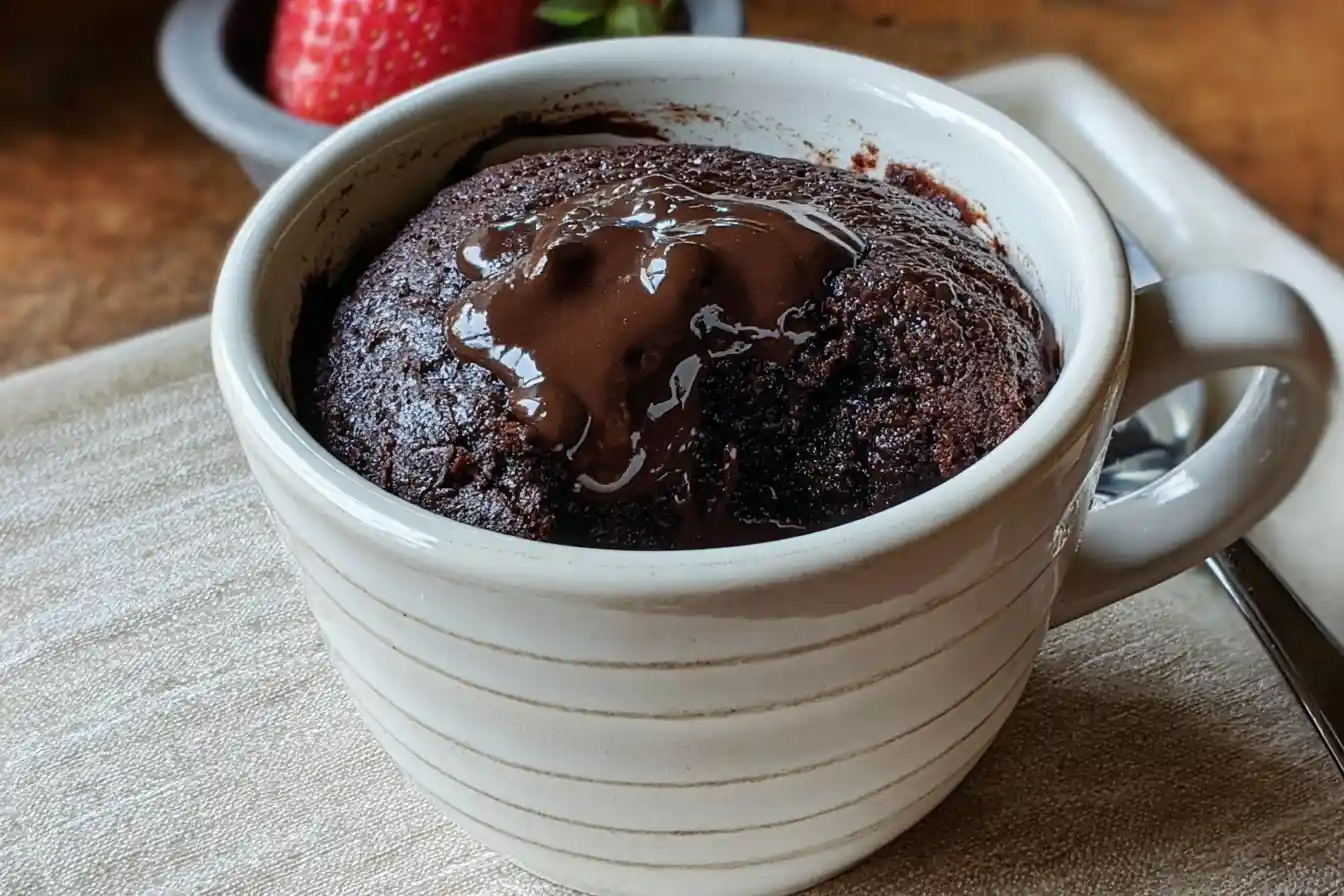Close-up of a moist chocolate mug cake in a white striped cup topped with melted chocolate glaze.