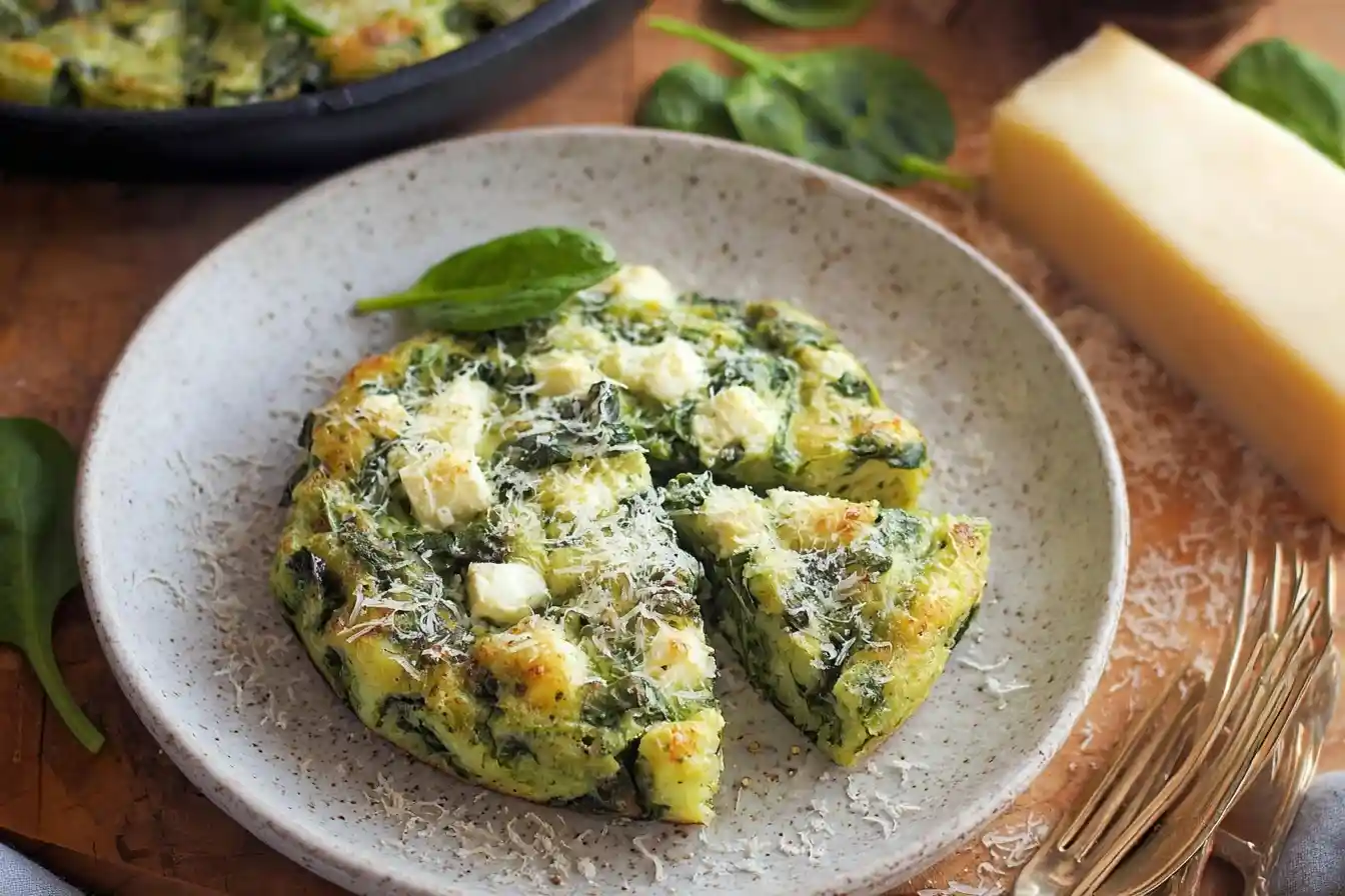 A delicious spinach and feta frittata on a speckled plate garnished with grated parmesan cheese