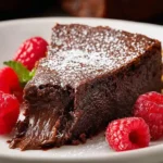 Slice of fudgy flourless chocolate cake dusted with powdered sugar and served with fresh raspberries on a white plate.