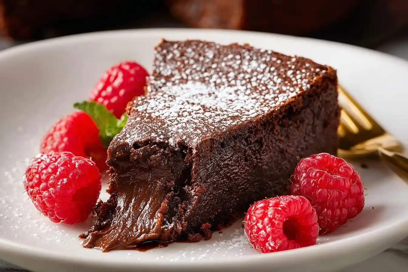 Slice of fudgy flourless chocolate cake dusted with powdered sugar and served with fresh raspberries on a white plate.