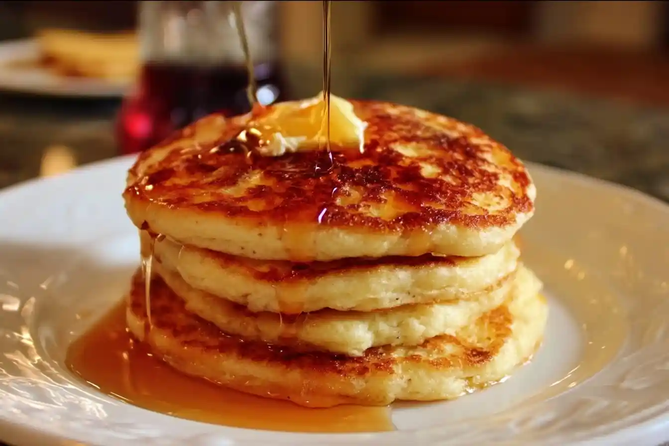 A close-up shot of a stack of golden-brown fluffy pancakes with melting butter on top as maple syrup is poured over them.