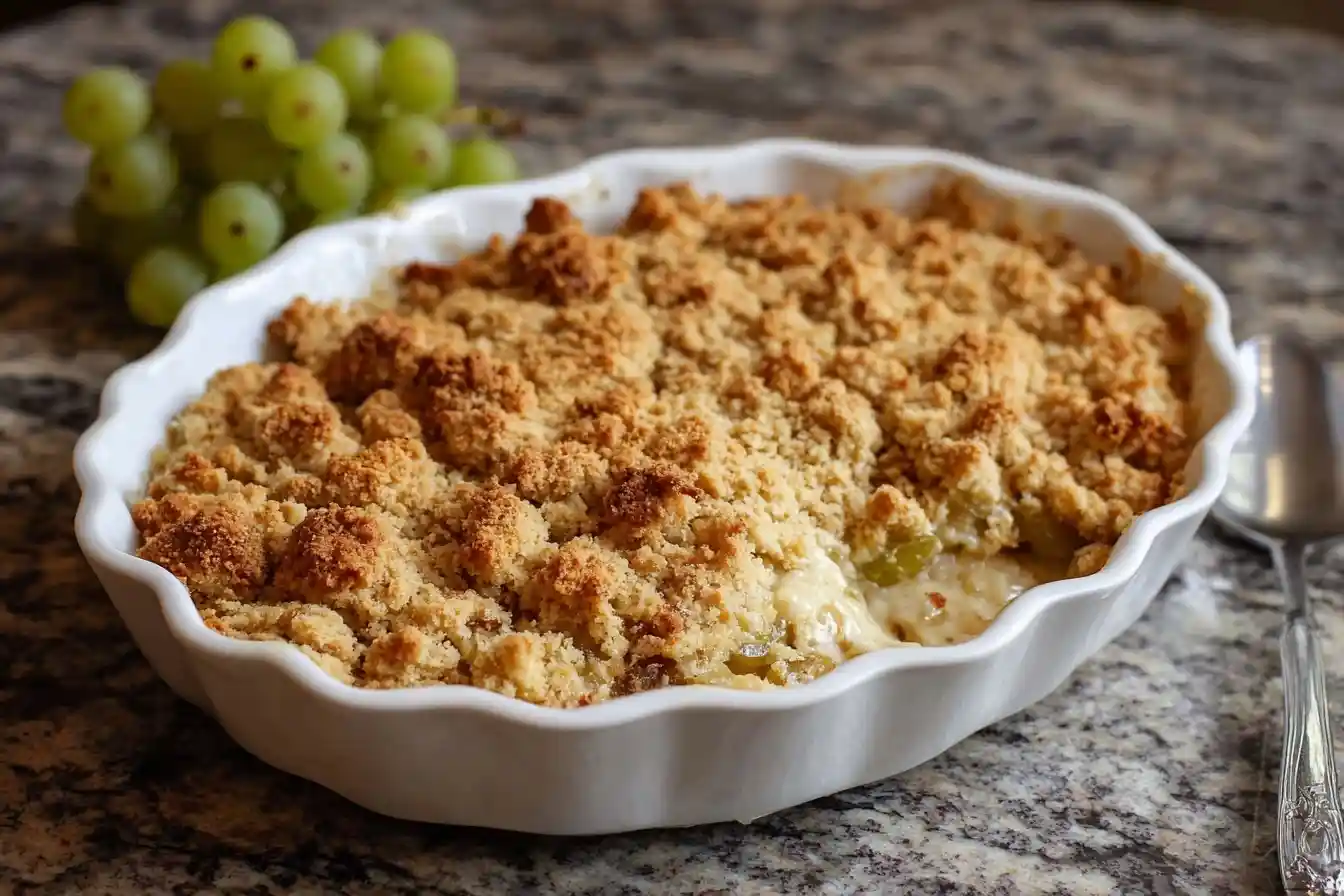 A freshly baked Grape Crumble in a white fluted dish with a golden-brown topping, with fresh green grapes in the background.