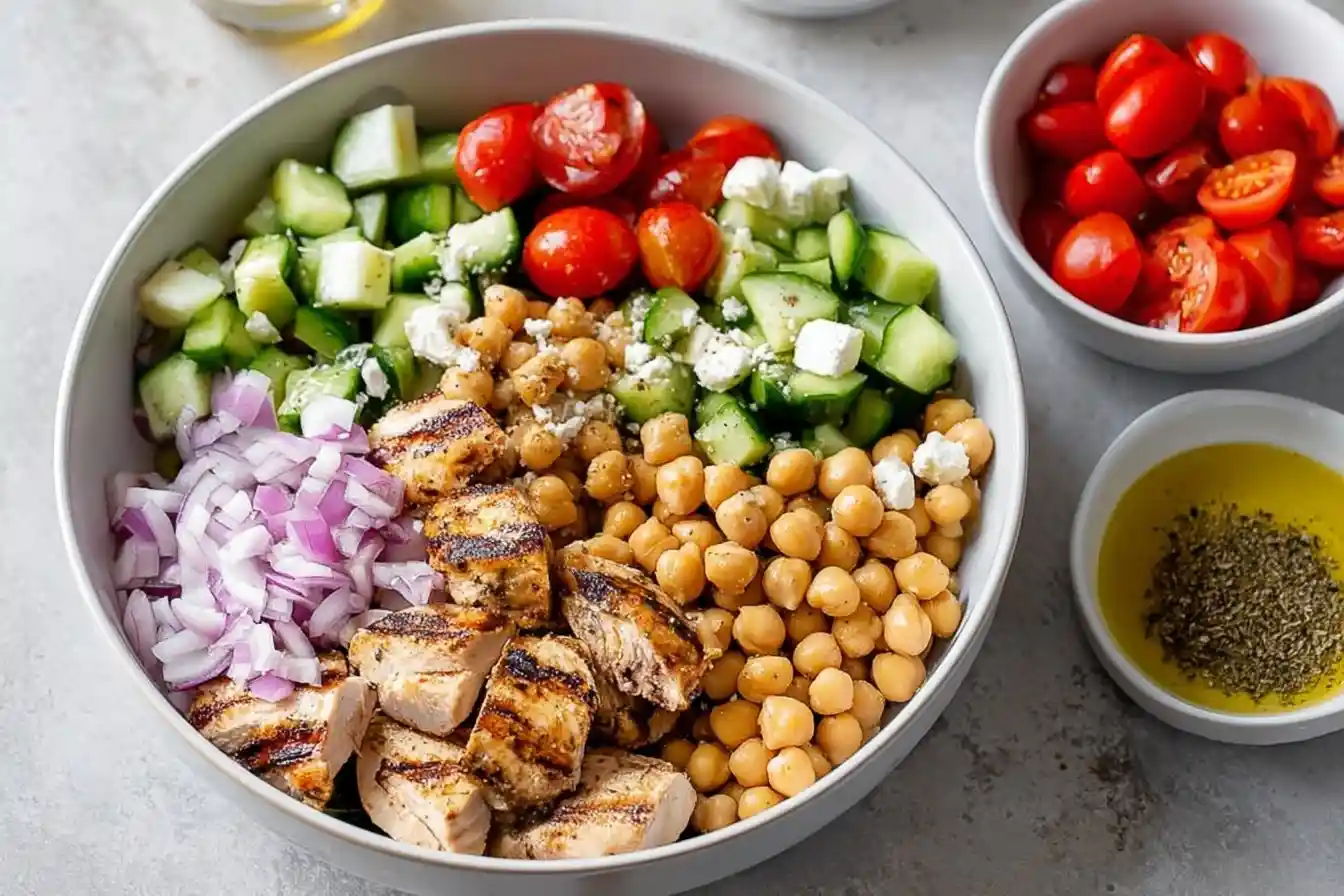 Top view of a Mediterranean Chicken Salad bowl with grilled chicken, chickpeas, cucumbers, tomatoes, and feta cheese.