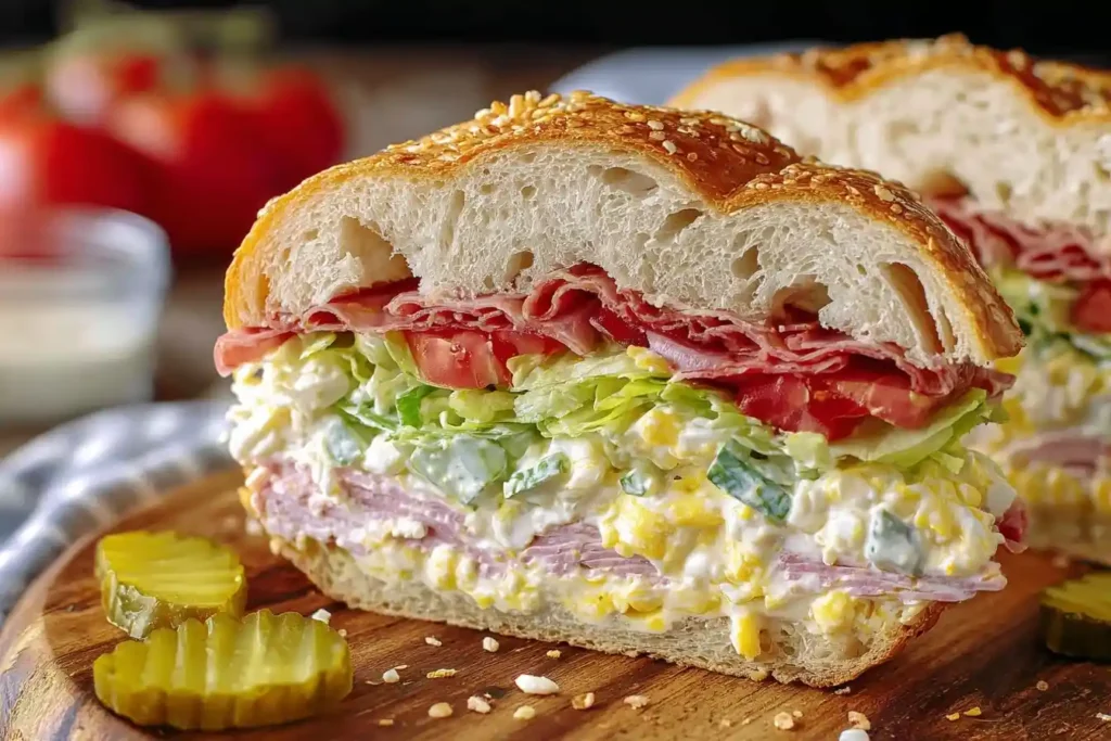 Close-up cross-section of a stuffed Cob Loaf Sandwich layered with meats and veggies on a wood board.