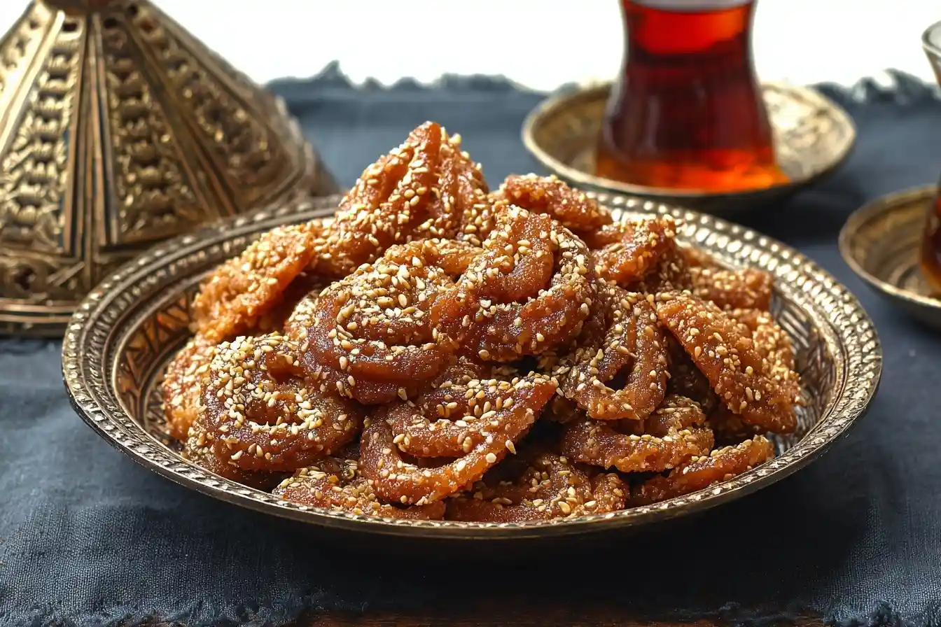 Decorative plate filled with golden Chebakia pastries coated in honey and sesame seeds