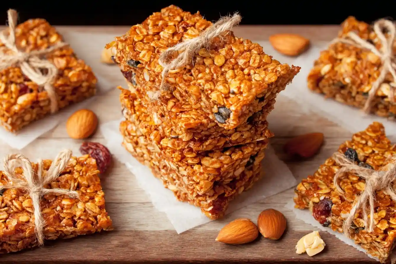 Stack of homemade granola bars tied with twine featuring oats, almonds, and dried fruit on a wooden table.