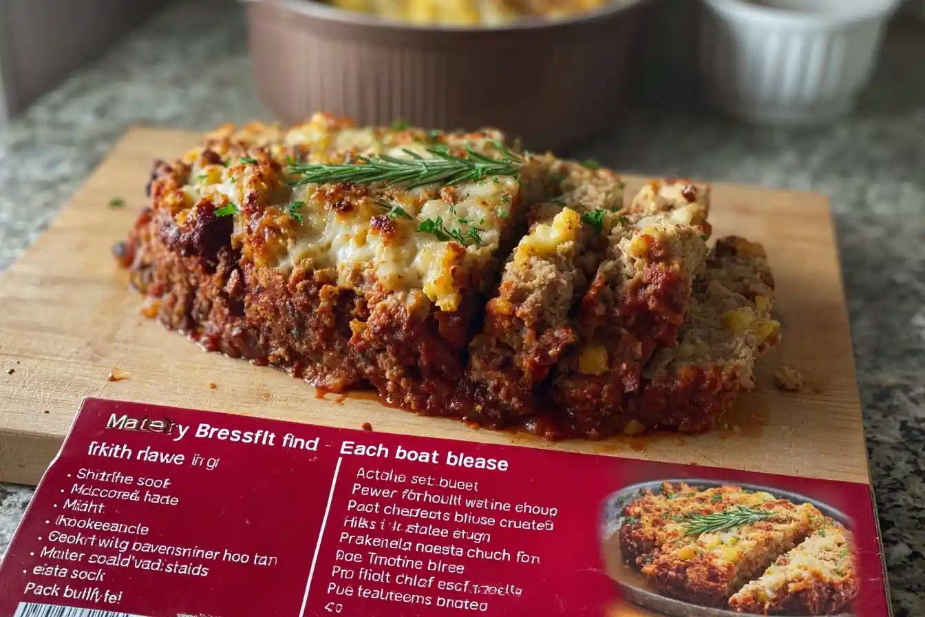 Juicy sliced meatloaf topped with fresh rosemary on a wooden cutting board next to a red recipe card.