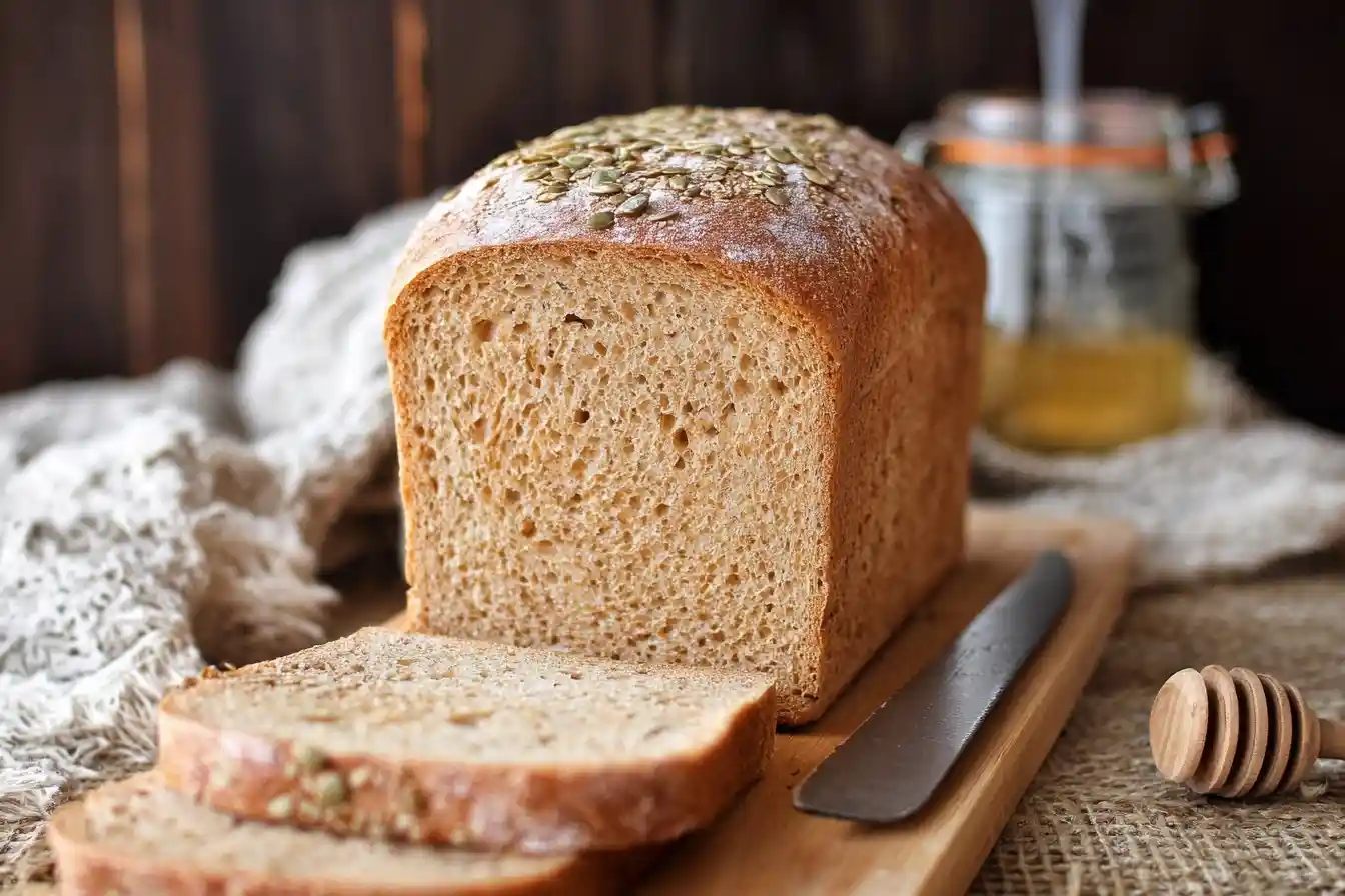 Sliced loaf of homemade honey whole wheat bread on a wooden cutting board with a honey dipper
