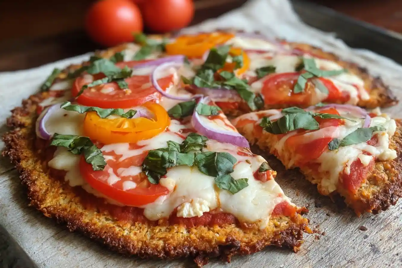 Golden cauliflower pizza crust topped with melted cheese, sliced tomatoes, red onion, and fresh basil.