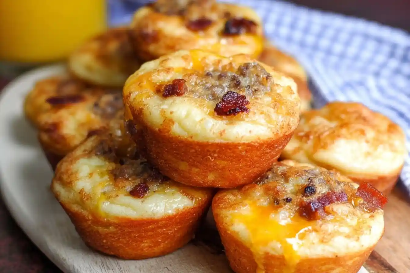 Stack of golden Sausage Pancake Muffins topped with sausage crumbles, bacon, and cheese.