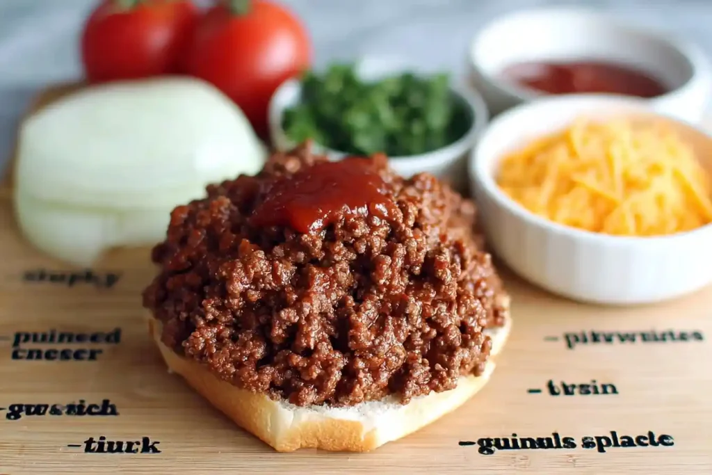 An open-faced Sloppy Joe on a bun with fresh ingredients like tomatoes, onions, and shredded cheese in the background.