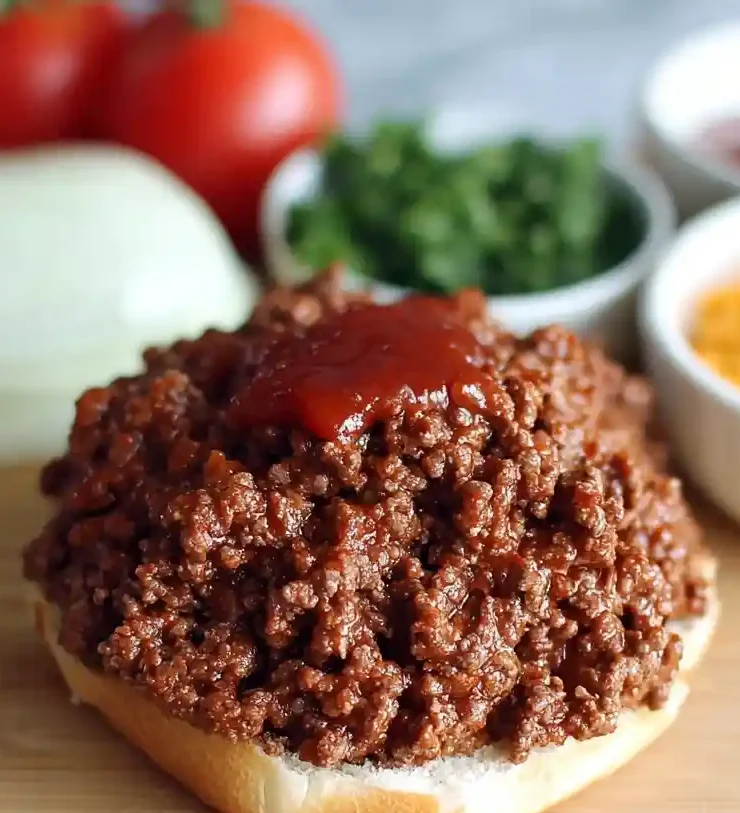 An open-faced Sloppy Joe on a bun with fresh ingredients like tomatoes, onions, and shredded cheese in the background.
