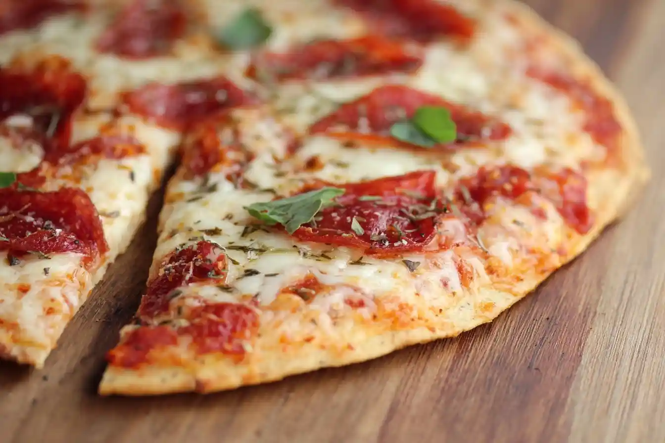 A close-up of a sliced pepperoni pizza with melted cheese and fresh basil resting on a wooden cutting board.