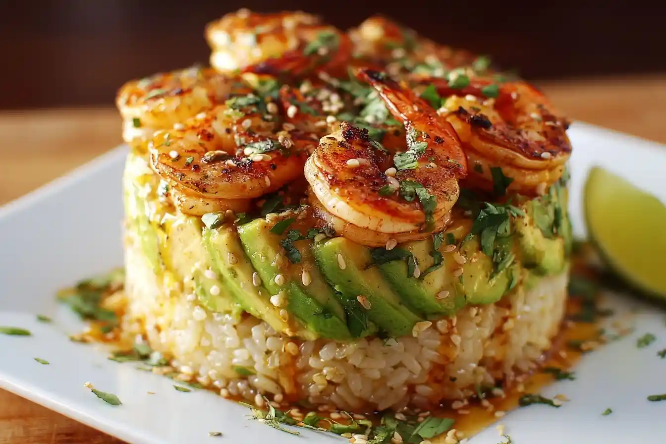 A close-up of a delicious shrimp avocado stack with layers of rice, sliced avocado, and seasoned shrimp on a white plate.