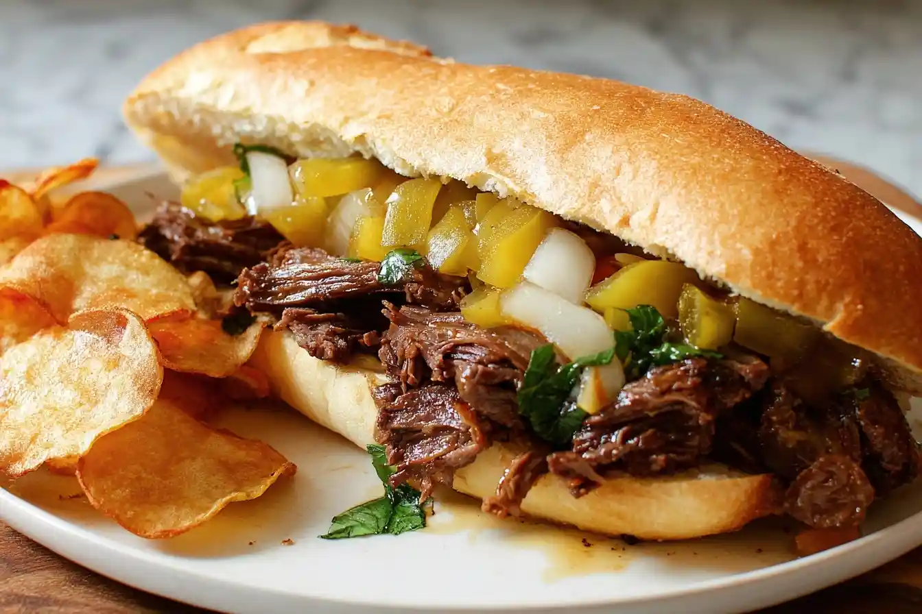 Close-up of a juicy Italian Beef Sandwich topped with peppers and onions served on a plate with potato chips